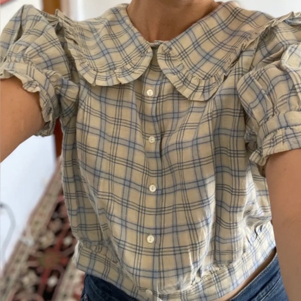 Doen Cream and Blue Plaid Ruffle Collar Button-Front Blouse